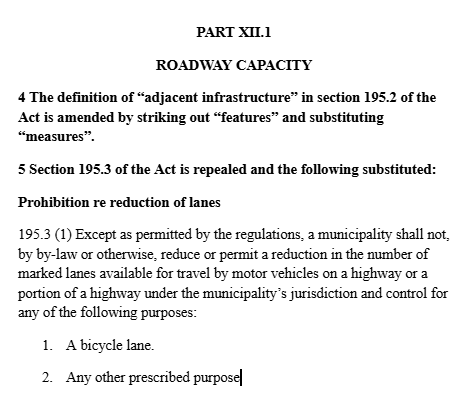 a screenshot of a proposed bill headed Part XII.1, ROADWAY CAPACITY, repealing Section 195.3 of the Act and substituting a complete prohibition on reducing lanes available for travel by motor vehicles