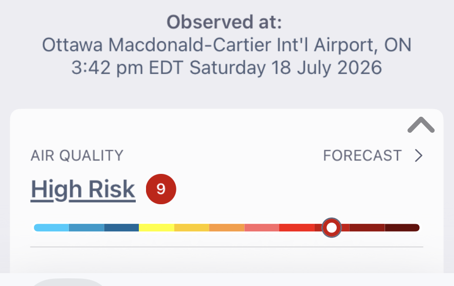 Screen shot from Environment Canada showing the Air Quality Index at 9 or high risk (it was two this morning). Messured at the Ottawa airport, 3:42 pm July 18.