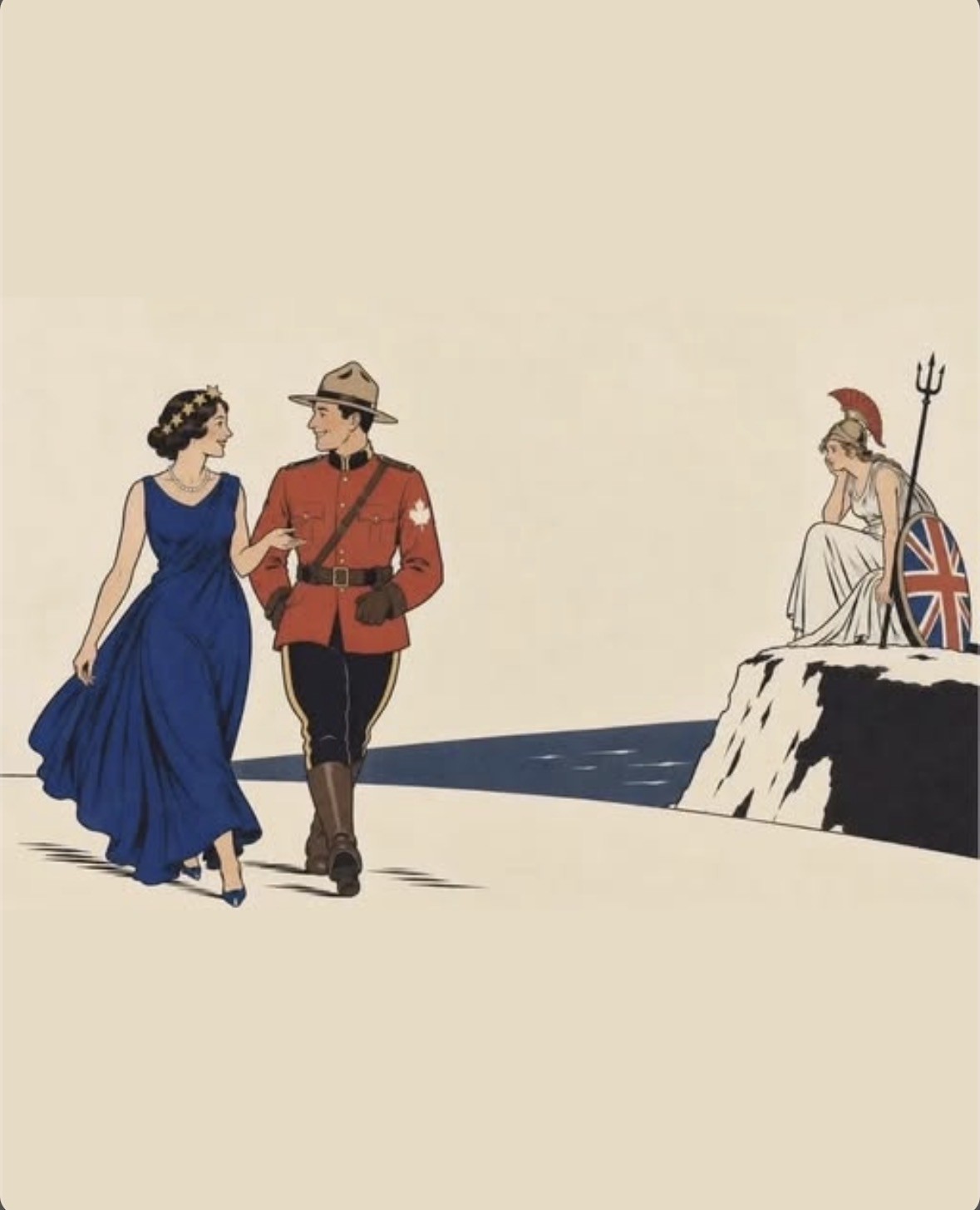 A Mountie in a red coat, black pants with a yellow stripe down the side. He has on a large beige brimmed hat and on his right arm is a beautiful dark haired woman in a blue dress with stars on the collar. Out on a tiny island sitting down is a UK warrior watching them walk by. 